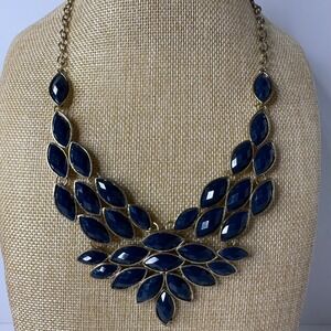 Navy Blue Marquise Rhinestone Bib Necklace Gold Tone Statement Adjustable‎ Chain